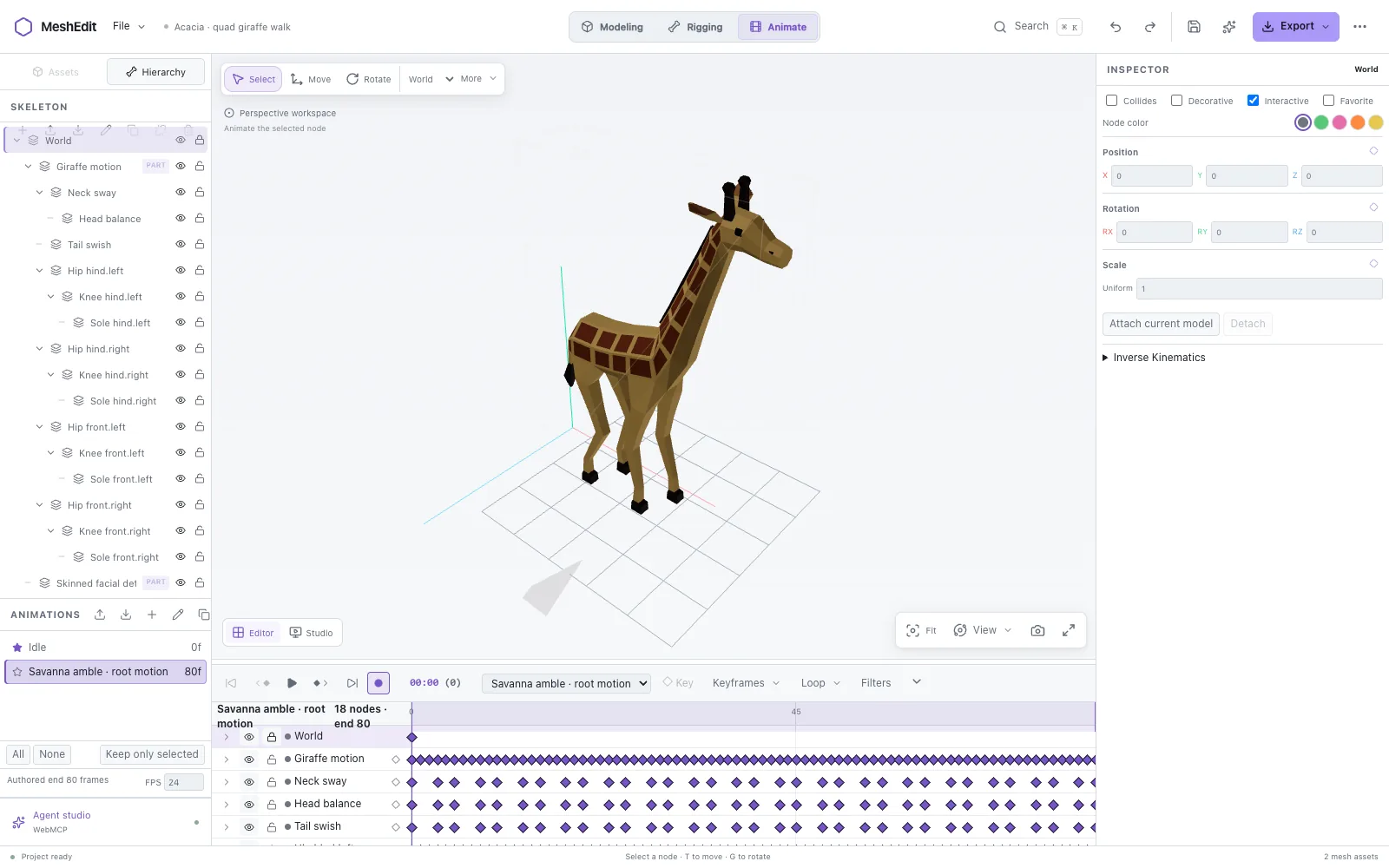 The MeshEdit editor in the Animate workspace: a low-poly giraffe stands in the 3D viewport, its skeleton is listed on the left, and its walk clip runs along the keyframe timeline below.